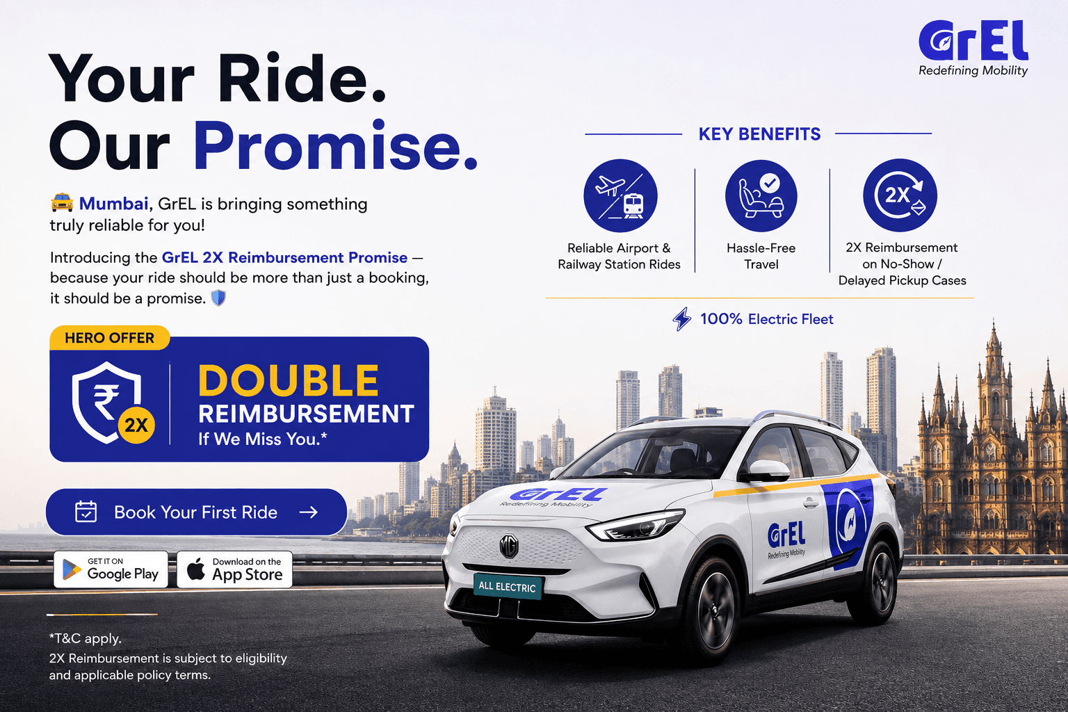 GrEL 2X Reimbursement Promise banner: "Your Ride. Our Promise." Double reimbursement if we miss you, beside a GrEL MG ZS EV